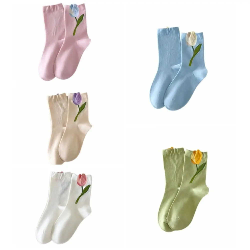 5Pairs Soft Thin Tulip Flower Socks Breathable Sweet Mid Tube Socks Female Hosiery Socks for Women Lady
