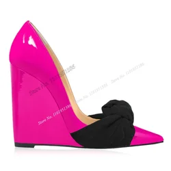 Pink Bow Knot Decor Pumps Wedges Heel Shallow Pumps Pointed Toe High Heels Patent Leather Women Shoes on Heels Zapatillas Mujer