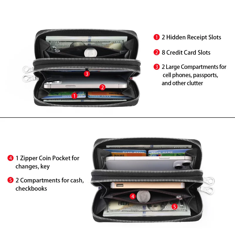 Western Double Zipper Large Capacity Rfid Leather Women Wallet Fashion Many Card Position Rose Embossed Purse for Ladies