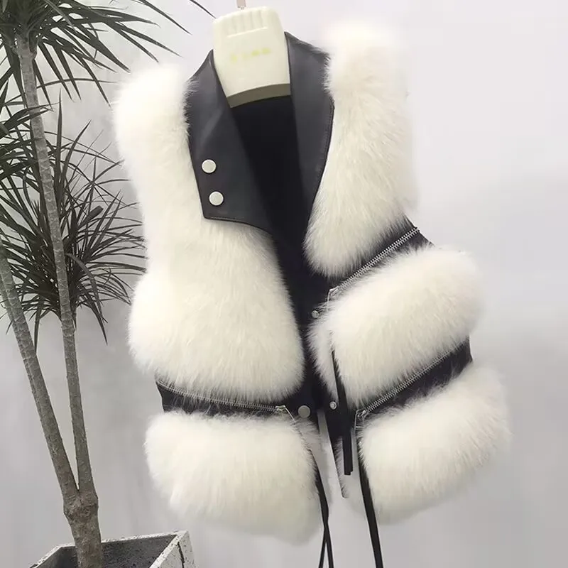 Faux Fur Plush Vests Women Loose Sleeveless Waistcoats Female 2024 New Autumn Winter Fashion Zipper Lady PU Leather Fur Vest