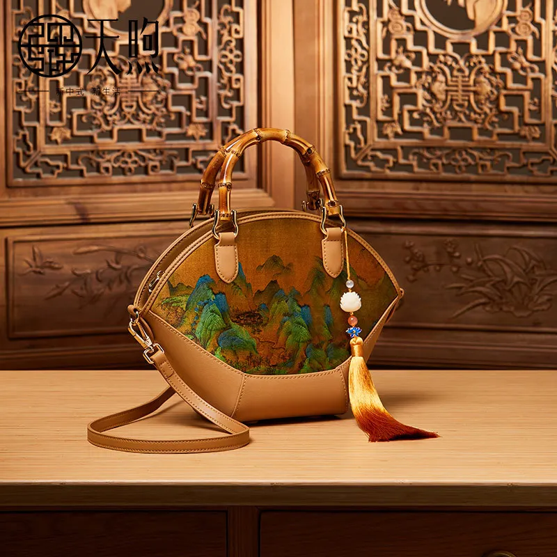 Chinese Style Painting Hanfu Tote Bags for Women Shoulder Bag High-end Genuine Leather Mulberry Silk Women's Cheongsam Handbag