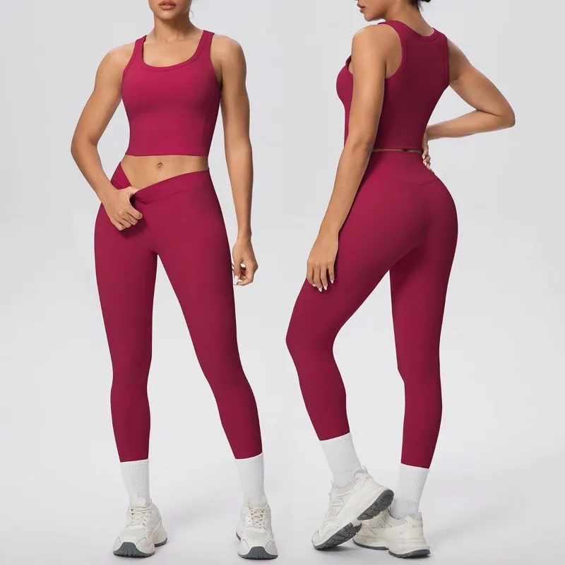 

Women's Brushed Solid Color Yoga Suit Quick Drying Slim Fit Breathable Long Pants Vest Sports Suit Casual Running Fitness Suit