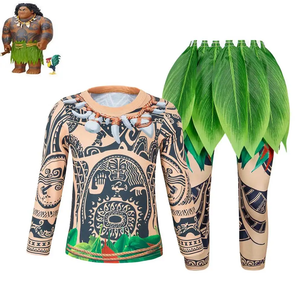 Boys Costume Outfits Set Moana Maui Tattoo Cosplay Halloween Dress Up Long Sleeve Clothes With Leaf Skirts