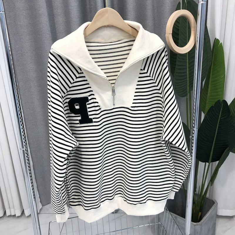 

plus Size Loose Fit Thin Hoodie Women's Korean Sle Zipper Splicing Stripes Casual Outerwear Top Large Code Sweatirt