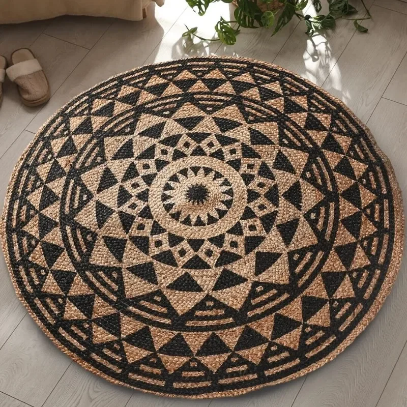 

Handwoven Black Symmetric Design Jute Rugs Round Braided Floor Carpet Mat