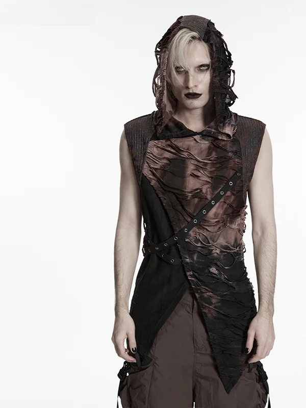 Men's Punk Style Hooded Vest Dyeing Worn-Out Design Sleeveless Top with Irregular Hemline Polyester Spandex Blend Outerwear