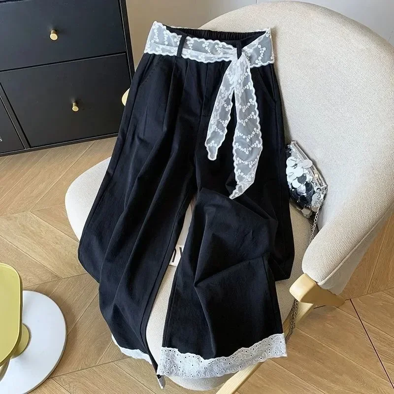 Pantaloni larghi da donna sottili 2025 nuovi piccoli pantaloni dritti pantaloni larghi casual a nove punti in pizzo azzurro