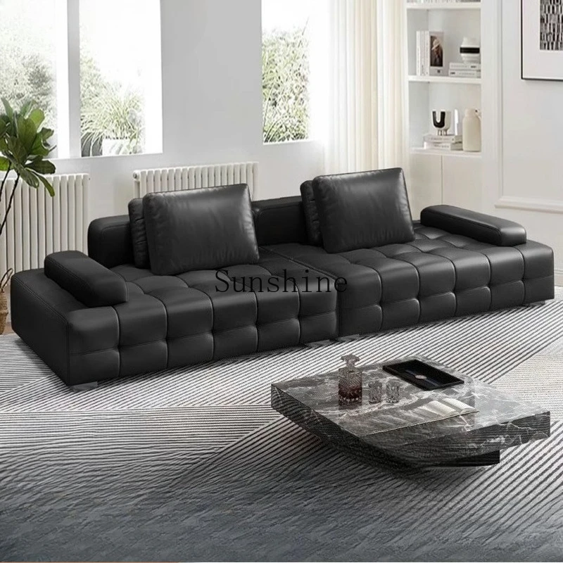 Italian minimalist villa living room large flat corner first layer cowhide straight row sofa