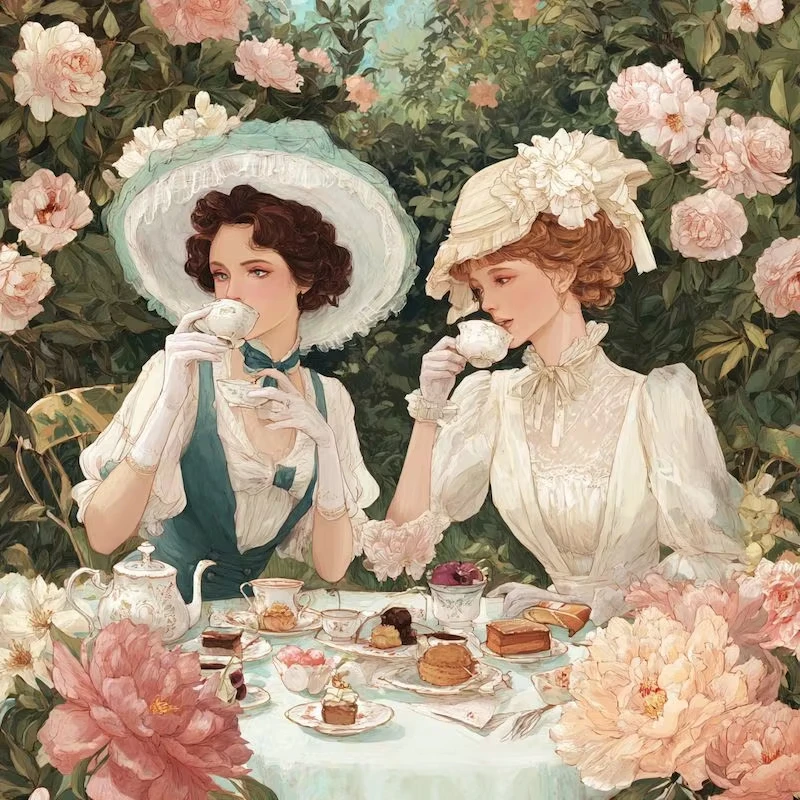 

Victorian Garden Tea Party Jigsaw Puzzle, Elegant Ladies with Lace Hats and Peonies, Classic Floral Art for Home Decor