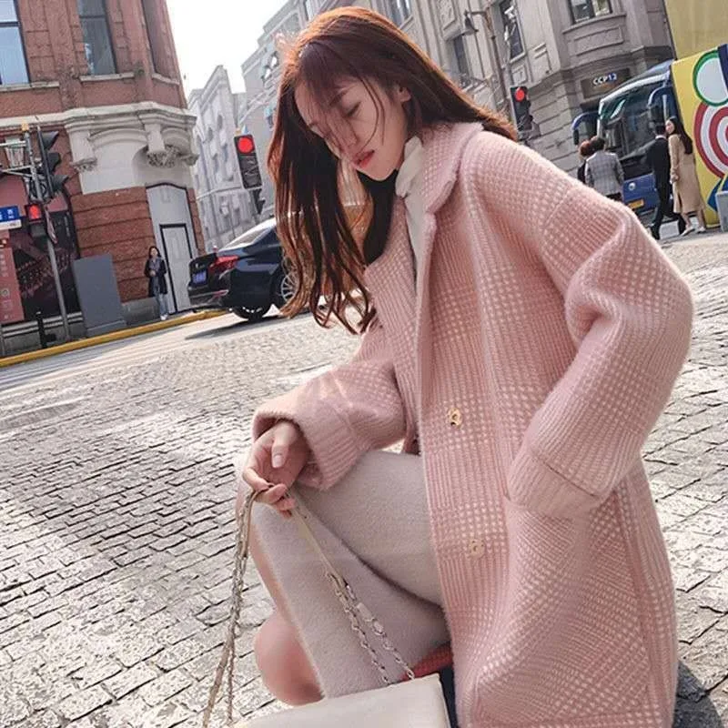 2024 Spring and Autumn Imitation Mink Velvet Coat Coat Female Mid-length Woolen Coat Loose Lazy Pupil Knit Cardigan Comfort