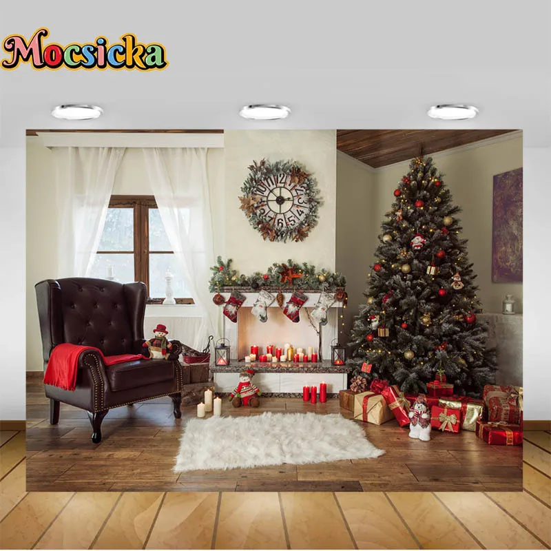 Fondo de fotografía con escena de Navidad para sala de estar, alfombra con sillas, árbol de Navidad, chimenea, Cajas de Regalo, decoración de fiesta