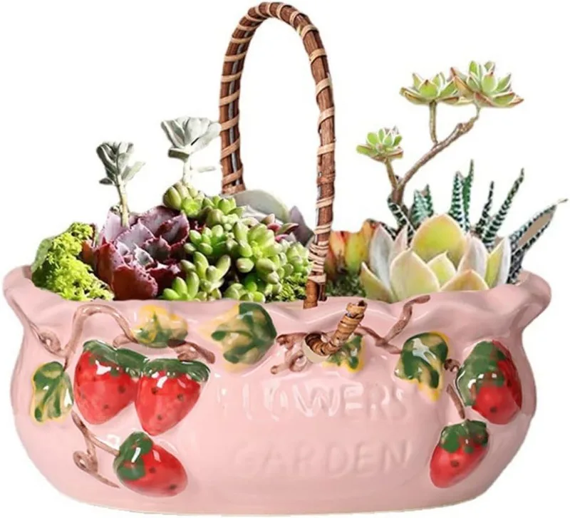 stoneware-porcelain-flowerpot-with-handle-73-inch-succulent-planter-red-strawberry-embossed
