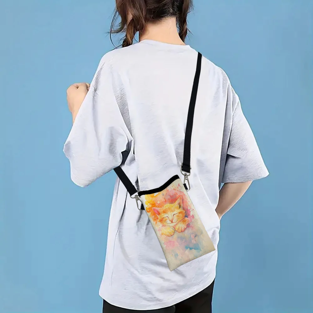 Cat Phone Pouch with Lanyard, Exquisite Pattern Print Crossbody BagFabric Shoulder Bag Mobile Phone Case 6.24