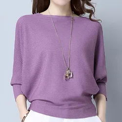 Pulôver de malha de manga batwing feminino, suéteres soltos femininos, jumper retalhos casual, assentamento com todos os fósforos, outono, inverno, moda