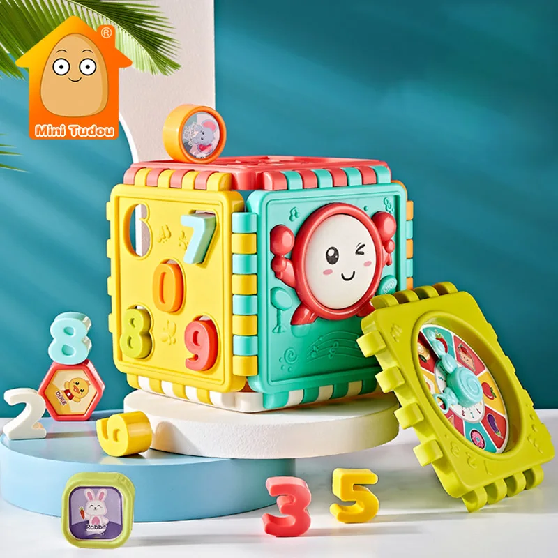 

Baby Toy Montessori Activity Cube Shape Match Sorter Box Color Number Clock Math Kit Educational Interactive Toys For Kids Gift