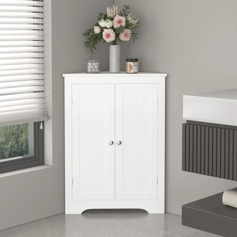 Floor Corner Cabinet with 2 Doors and Adjustable Shelves, Freestanding Narrow Cabinet Organizer, Corner Storage Cabinets for Bathroom, Kitchen, Living Room, or Bedroom, White