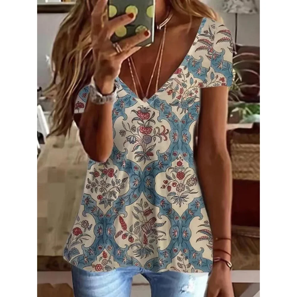 Loose T-shirt Women\'s Summer Fashion Female 3d Vintage Printing V-neck Short-sleeve Tops Tees New Y2k Womens Oversize T-shirts