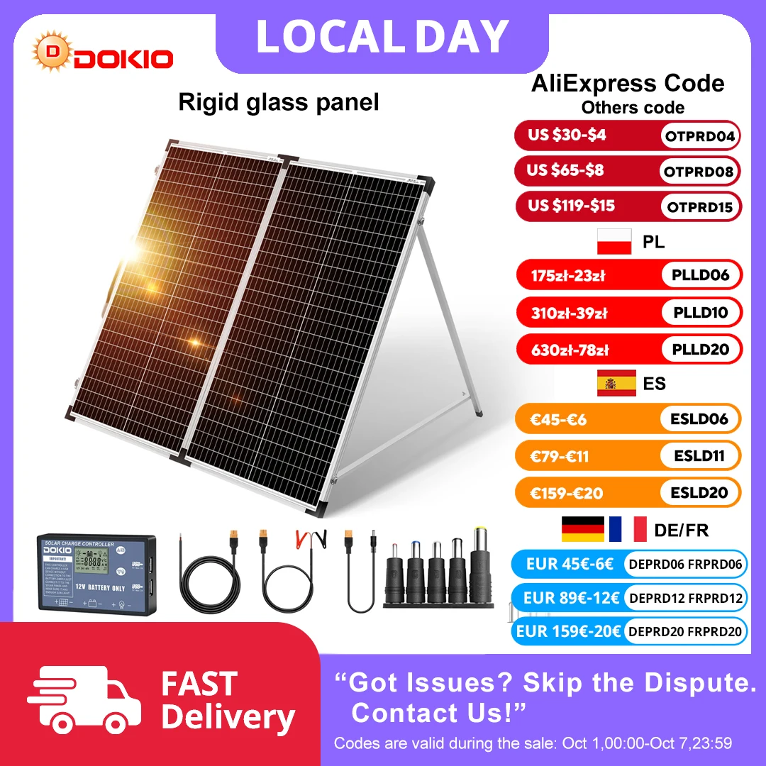 Pannello Solare Rigido Pieghevole Dokio 18V 160W, Pannello Solare con Regolatore 18V 10A 12V, Caricabatterie Portatile per Celle/Sistemi