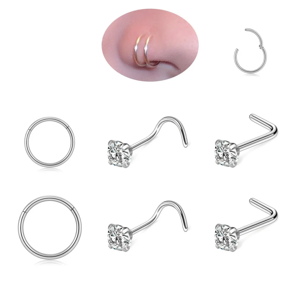 6/8Pcs Hypoallergenic Stainless Steel Nose Ring Set Septum Horseshoe L Shape Corkscrew Nose Studs Hoops 16G 20G Piercing Jewelry