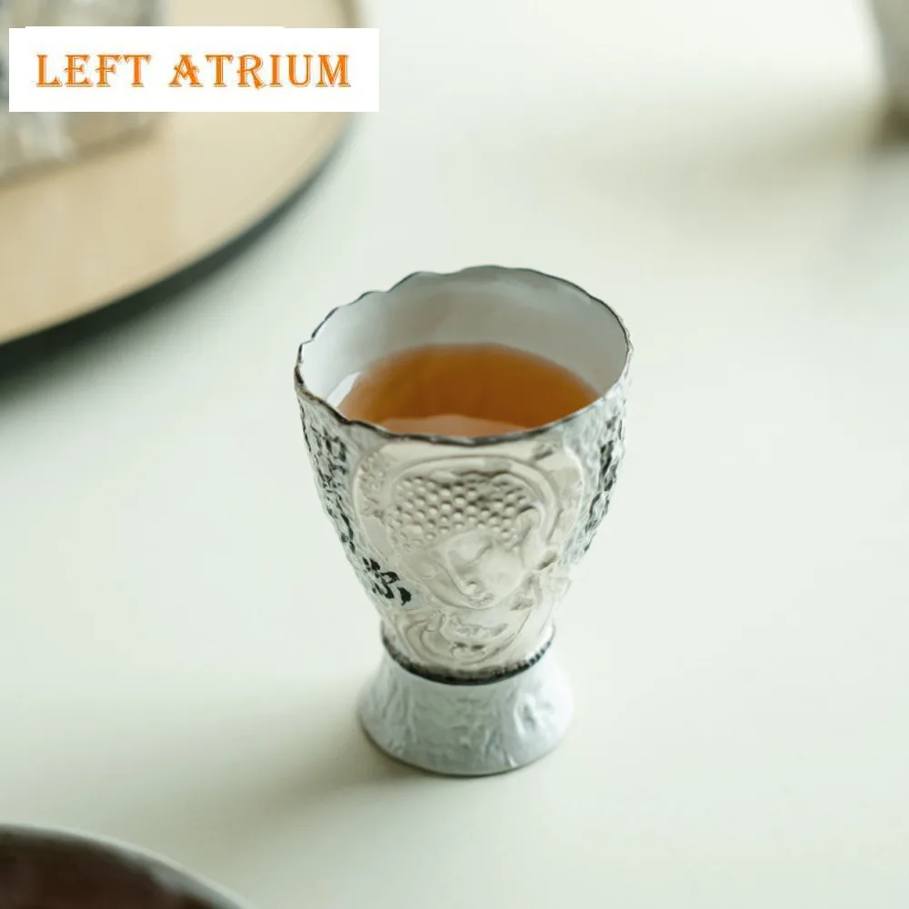 

110ml Old Pottery Clay High Foot Cup Gilt Silver Buddha Teacup Water Mug Tea Bowl Master Cups Coffee Mugs Teaset Collection Gift