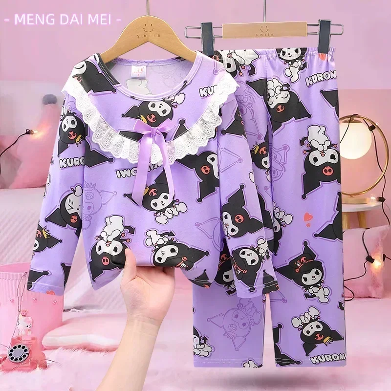 Sanrio Kuromi  My Melody Autumn Children's Pajamas Set Kawaii  Anime Cartoon Long Sleeved Clothing Set Little Girl Home Clothing