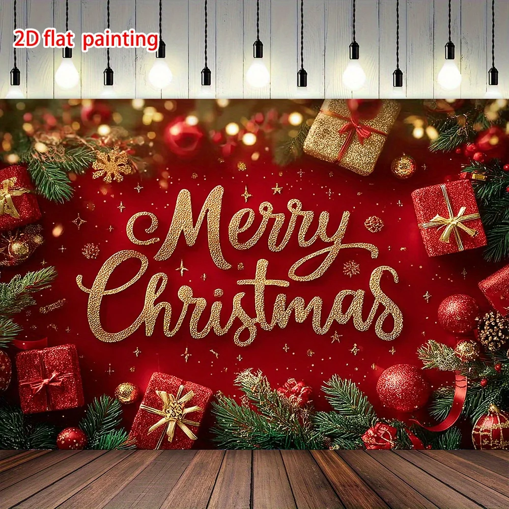 Merry Christmas Tapestry, Bright Red with Gold Lettering Holiday Wall Art for Indoor Outdoor Winter Celebration Decor