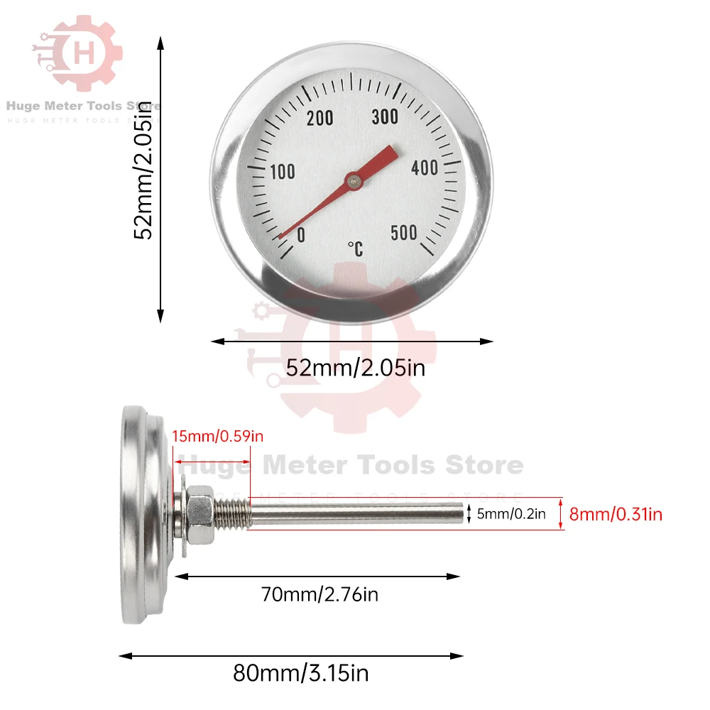 0-120 ℃ /0-500 ℃ الفولاذ المقاوم للصدأ مقياس درجة حرارة الفرن داخلي وخارجي شواء ميزان الحرارة المدخن قطر درجة الحرارة 52/54 مللي متر #6