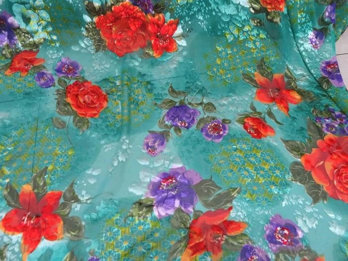 

Light Blue Semi-Transparent Silk Fabric Embroidered Orange Rose Print Silk Material for DIY Clothing