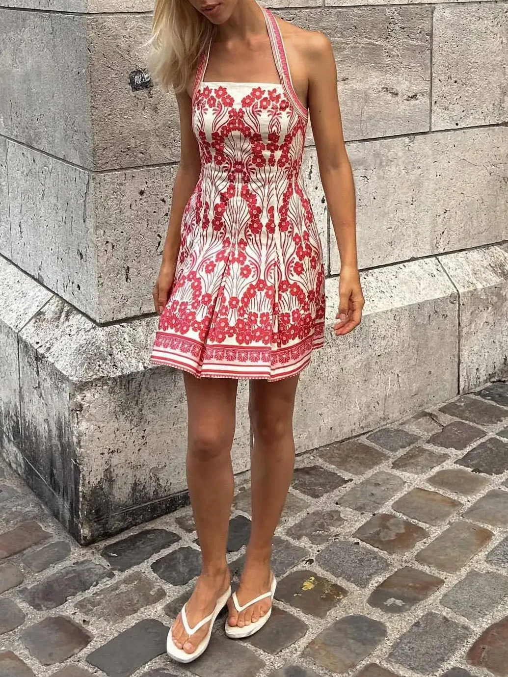 

Red Flower Print Women's Linen Dress Halter Neck High Waist A-Line Casual Ladies Mini Robe