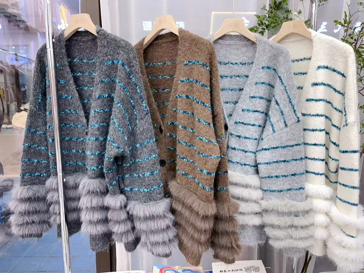 Women Knitted Cardigan Sweaters Patchwork Jumpers V Neck Button Long Sleeves Mid Length Casual Office Lady 2025 Autumn Winter