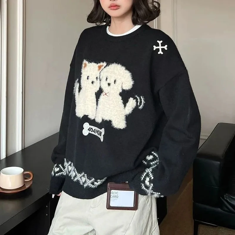 Women Fuzzy Dog Applique Sweater Oversized O Neck Knit Pullover Long Sleeve Bone Patch Cute Alt Y2K Black Winter Top