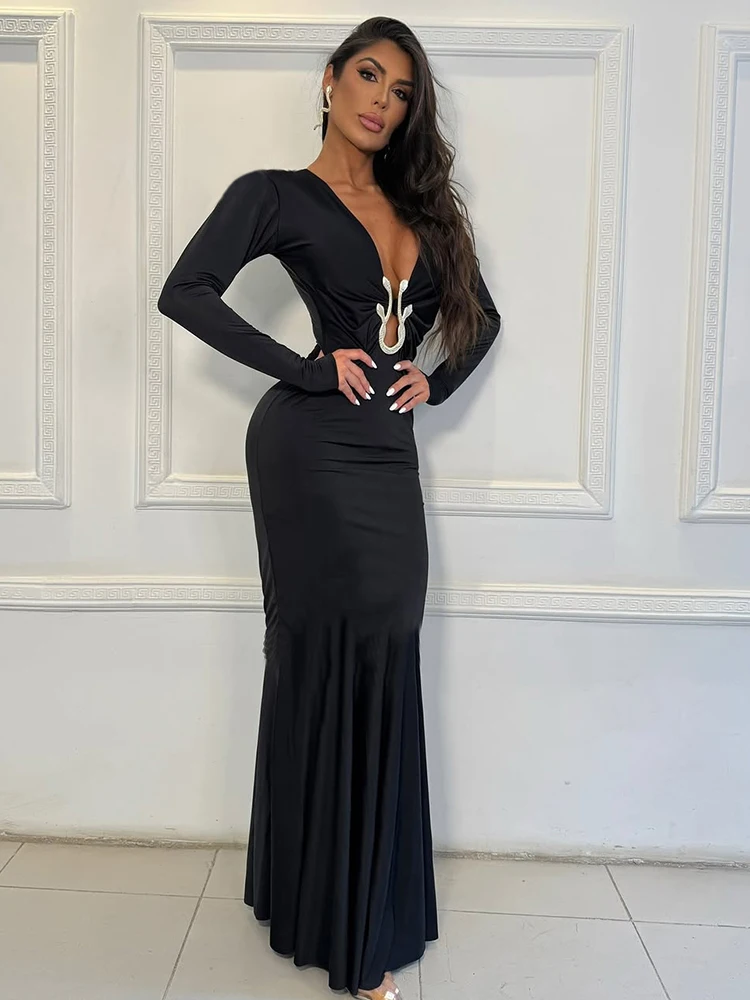 Raar Poes Metalen Ruches Jurk Vrouwen Diepe V-hals Lange Mouw Sexy Stretch Elegante Banket Hipster Verjaardag Prom Party Vestidos