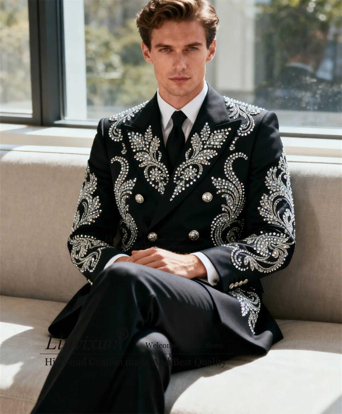 

Handsome Slim Men Suits Customized Stone Rhinestone Tuxedos Costume Homme 2 Pieces Sets Double Breast Wedding Party Ropa Blazer