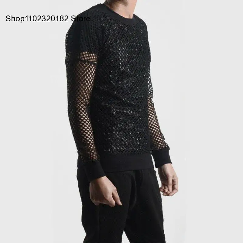 Mens Fashion T-Shirt Hollow Long Sleeve Fishnet Mesh Gothic Punk Rocker Stretchy Top Personalized Tee Shirt