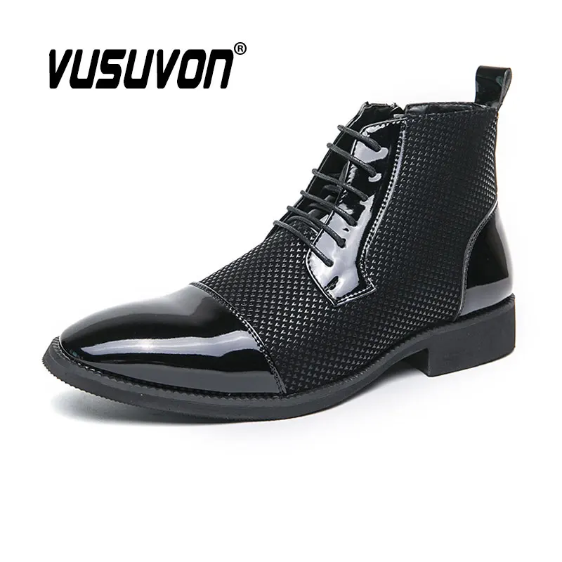 Men Fashion Boots Dress Casual Derby Shoes Lace-Up Motorcycle Black Winter Party Business Boys Big Size 38-46