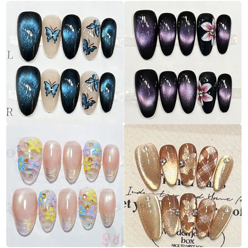 

10 шт./пакет, коричневый, черный, синий, фиолетовый, лунный свет, кошка, магнитная бабочка, ручная работа, накладные ногти среднего размера, овальные, с полным покрытием, накладные ногти