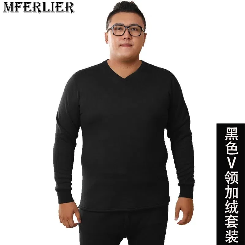 Large Size 9XL 155KG Fleece Thicken Men Thermal Underwear Tops warm V Neck Long Sleeve Navy Blue Wine Red Male Soft Underwear