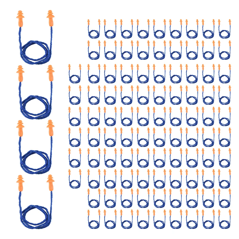 L72A-100 Pairs Individually Wrapped Non Toxic Soft Silicone Corded Ear Plugs Reusable Hearing Protection Rubber Earplugs