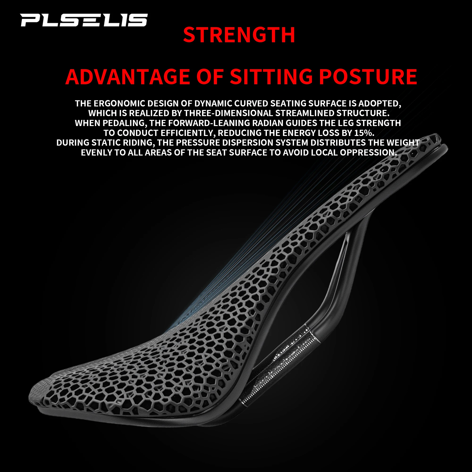 Plselis، سرج طباعة ثلاثي الأبعاد، ألياف كربون خفيفة للغاية، وزن 170 جرام، مصمم هندسيًا، مجوف وجيد التهوية.