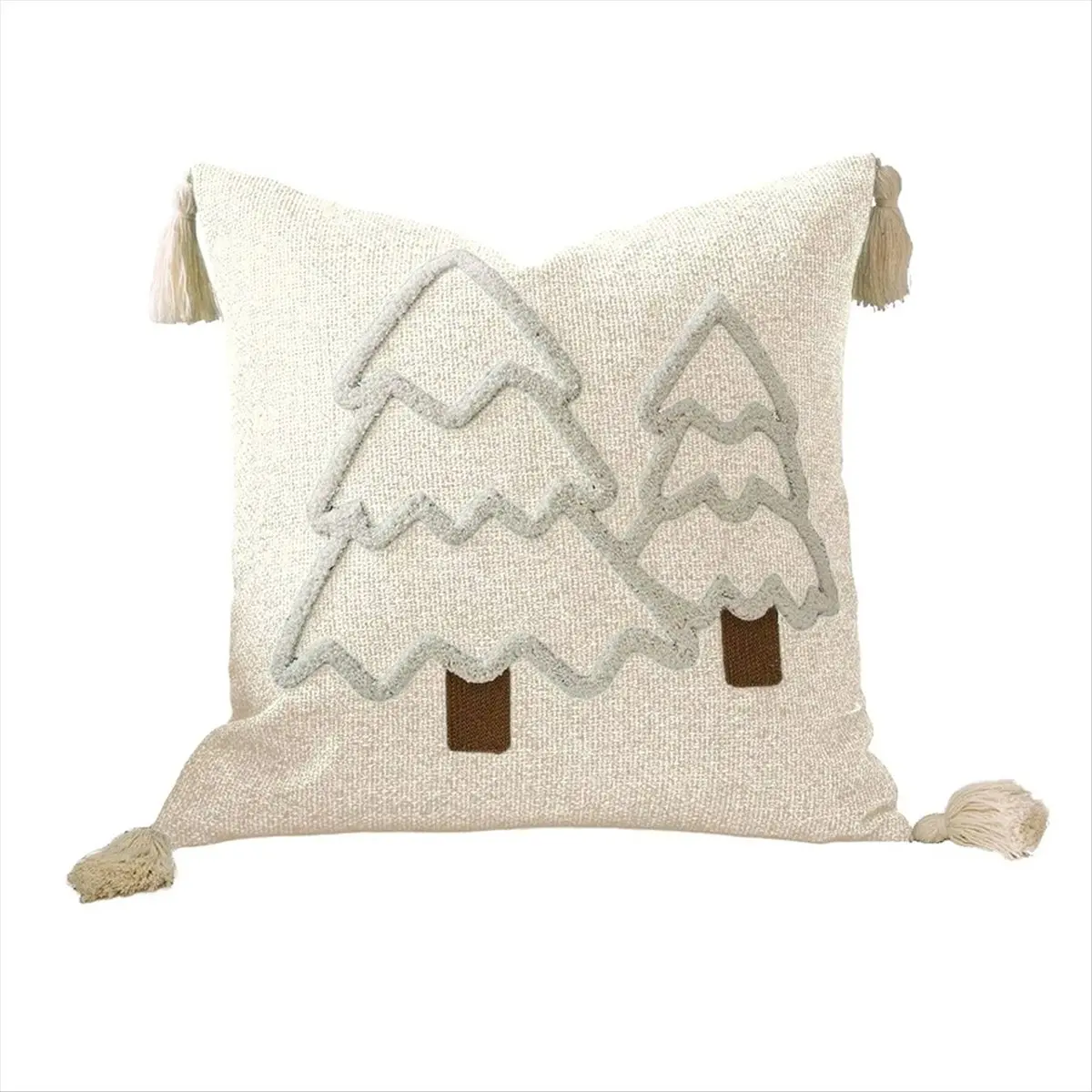 RANA Christmas Tree Embroidery Cushion Cover Festive Cotton Canvas Pillow Case with Tassels New Year Home Decor B