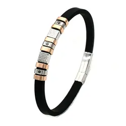 New Arrival Black Rubber 6mm Wide Rose Gold Plated Stainless Steel Adjustable Bracelet For Men Jewelry
