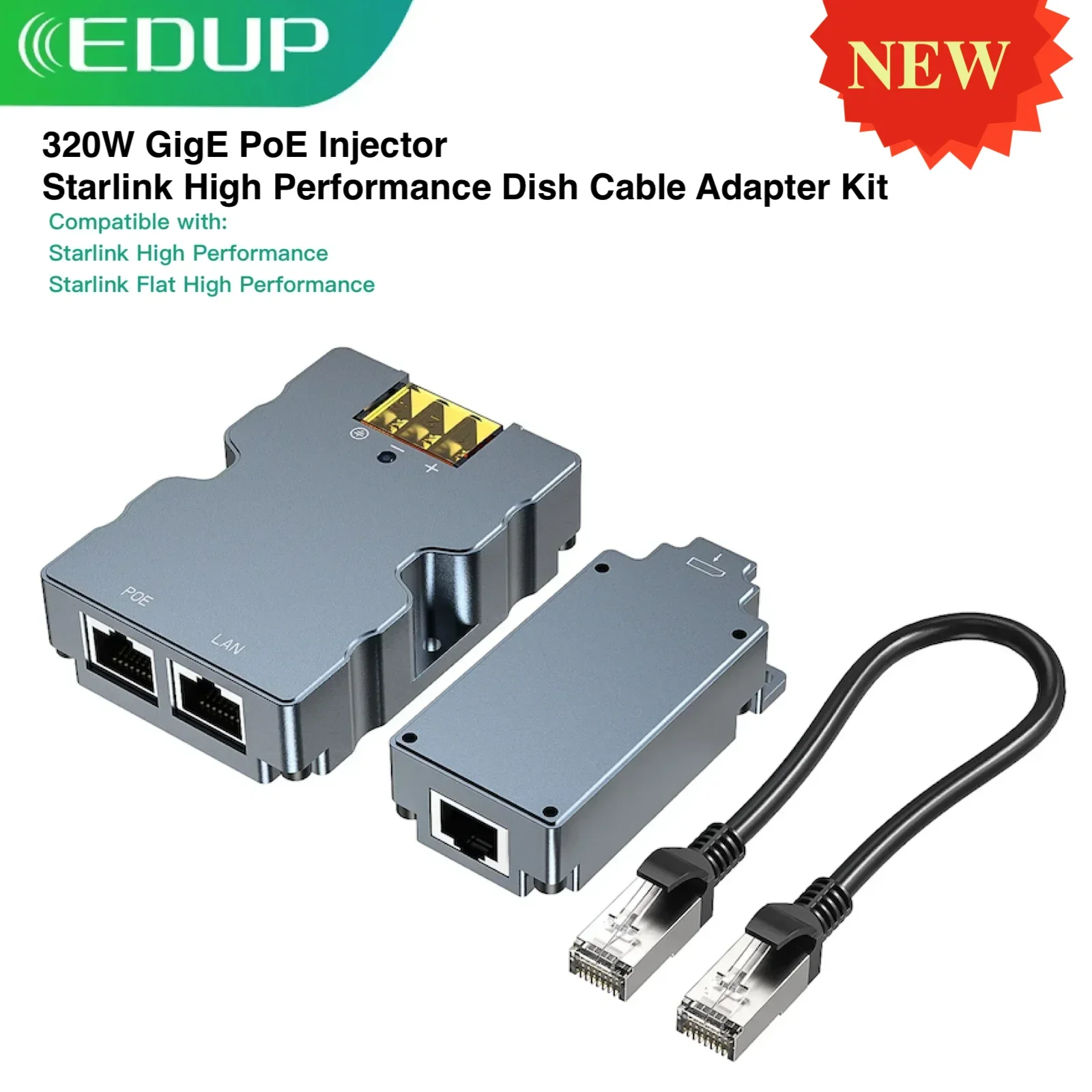 EDUP Starlink o wysokiej wydajności 320W gigabitowy wtryskiwacz PoE talerz DC48V do adaptera RJ45 zestaw Combo dla Starlink płaski o wysokiej