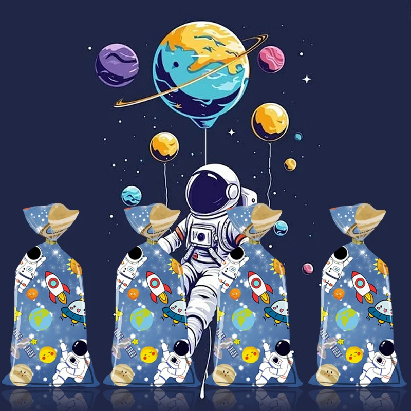 50Pcs Cartoon Outer Space Astronaut Theme Party Gift Packing Bag For Birthday Party Decoration Goodie Bag Candy Cake Pouches