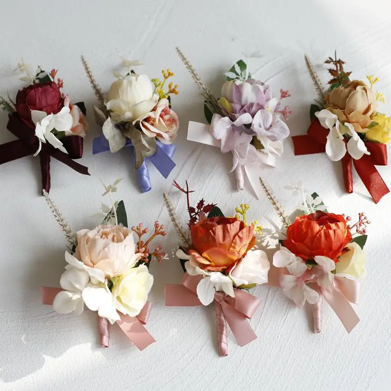 

Wedding Boutonniere Silk Roses Corsage Bridesmaid Hight Quality Bracelet Flowers Witness Man Buttonhole Suit Accessories Broche