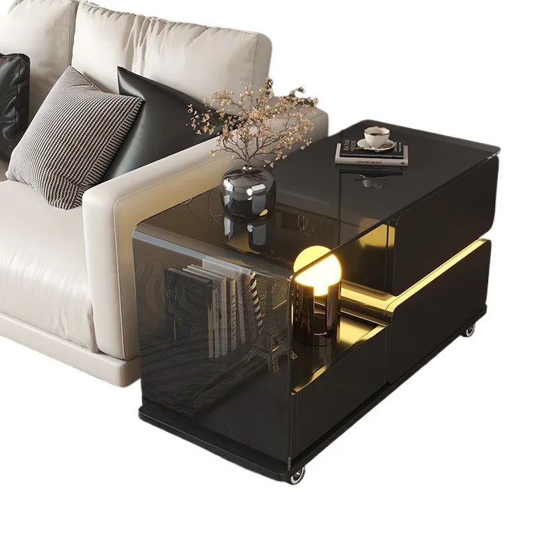

Lifting mobile coffee table small apartment living room Italian minimalist trolley sofa side light strip