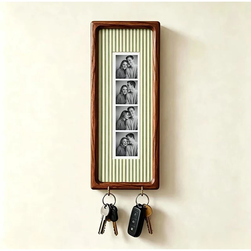 Holz-Fotorahmen für Paare mit Schlüsselhaken, Wandmontierter Bilderrahmen, Modischer Gestreifter Rahmen, Schlüsselhalter, Jubiläumsgeschenk – Detail 15