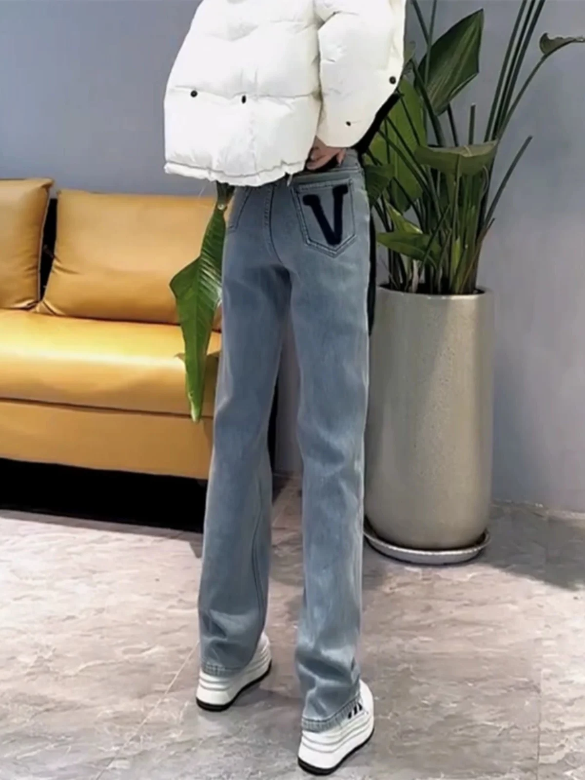 Blue Slim Fit Straight Leg Jeans Women's plus Size Spring 2024 High Waist Cotton Polyester Blend Long Pants plus Size Faion