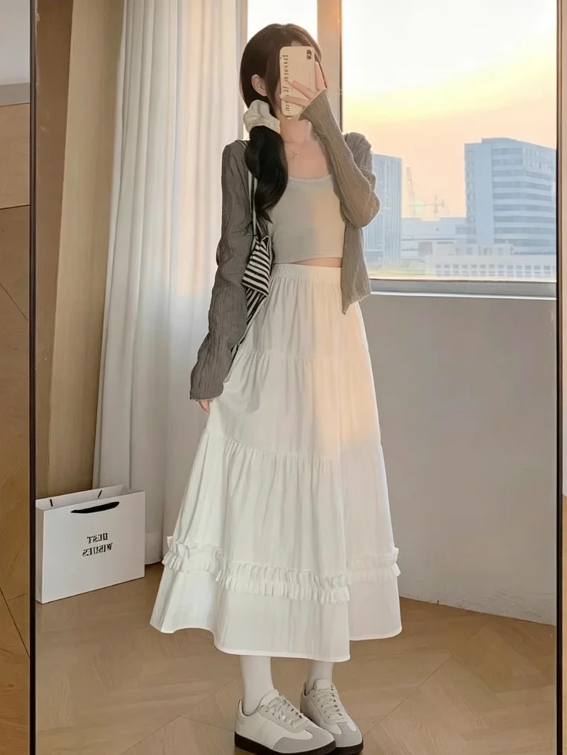 2026 Frühling Sommer Koreanischer Stil Mehrstufiger Rüschen-Fransen-Midirock für Damen mit Elastischer Taille A-Linie Vielseitiges Design Halbrock – Detail 4