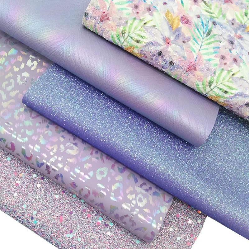 Purple Glitter Leather sheets Leopard Custom Faux Leather Iridescent Synthetic Leather Shimmer Glitter For DIY 21x29CM Y396