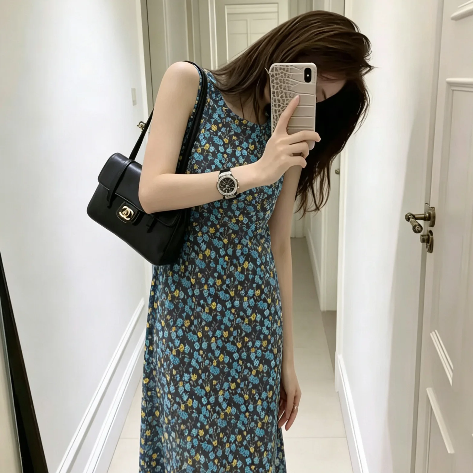 Silk Long Skirt round Blue Flower Print Asymmetrical Hem Sleeveless Holiday Style Elegant Commuting Dress Chinese Vintage A-Line